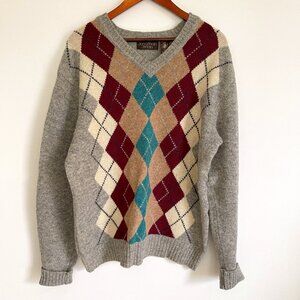 Jonathan Bryan Vintage Men Size XL Grandpa Pure Virgin Wool Argyle Gray Sweater